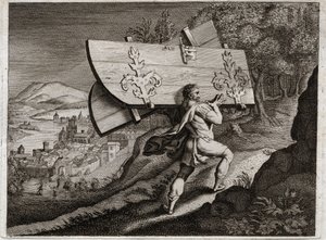 Bijbel van Royaumont, Oude Testament: Poorten van Gaza. Simson, opgesloten in Gaza, rukt de stadspoorten uit. Illustratie uit 1811.