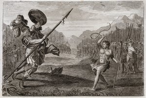 Bijbel van Royaumont, Oude Testament: Reus Goliath. Goliath, Filistijn, van buitengewone grootte, wordt verslagen door David, gewapend alleen met een slinger en een stok. Illustratie uit 1811.