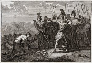 Bijbel van Royaumont, Oude Testament: Hoofd van Saul. De Filistijnen genieten van Sauls dood en bieden zijn hoofd aan hun afgod. David betreurt zijn dood en gaat naar Judea, waar hij in Hebron als koning wordt erkend. Illustratie uit 1811. door Unknown artist