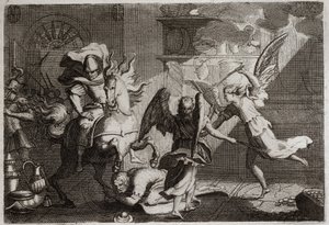 Bijbel van Royaumont, Oude Testament: Heliodorus verjaagt de tempel. Heliodorus, gestuurd door zijn heerser om de Tempel van Jeruzalem te plunderen, werd met stokken geslagen door engelen. Illustratie uit 1811.