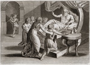 Bijbel van Royaumont, Oude Testament: Isaak zegent Jakob. Isaak, die Esau wilde zegenen, geeft zijn zegen aan Jakob door de wijsheid van Rebekka, aan wie het volgens Gods plan toebehoorde. Illustratie uit 1811. door Unknown artist