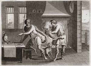 Bijbel van Royaumont, Oude Testament: Jakob en Esau. Esau verkoopt zijn broer Jakob zijn eerstgeboorterecht voor wat linzen. Illustratie uit 1811. door Unknown artist