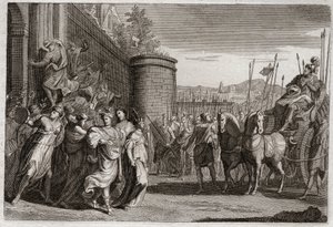 Bijbel van Royaumont, Oude Testament: Jefta offert zijn dochter. Jefta, een van de rechters van Israël, beloofde God de eerste persoon die hem na zijn overwinning tegen de Ammonieten zou ontmoeten te offeren. Het was zijn dochter. Illustratie uit 1811.