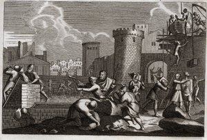 Bijbel van Royaumont, Oude Testament: Herbouw van Jeruzalem. Koning Artaxerxes I stuurde Nehemia naar Jeruzalem met toestemming om alle muren te herbouwen. Illustratie uit 1811.