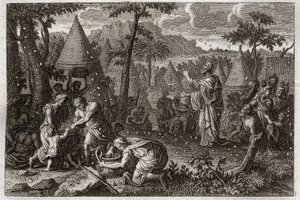 Bijbel van Royaumont, Oude Testament: Joden in de woestijn (of de oogst van manna). God laat veertig jaar lang manna uit de hemel vallen. Illustratie uit 1811. door Unknown artist