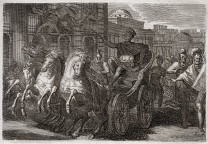 Bijbel van Royaumont, Oude Testament: Jezabel eet honden. Jehu laat Jezabel uit een raam gooien, en ze wordt opgegeten door honden. Illustratie uit 1811. door Unknown artist
