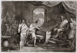 Bijbel van Royaumont, Oude Testament: Joachim bevrijd uit ketenen. Evilmerodach, koning van Babylon, behandelt Joachim, de voormalige koning van Juda, goed na de dood van Nebukadnezar II en bevrijdt hem uit ketenen. Illustratie uit 1811.