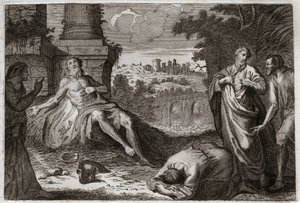 Bijbel van Royaumont, Oude Testament: Job op mesthoop. De heilige man Job wordt verleid door de demon die al zijn bezittingen en kinderen wegneemt, hem met een verschrikkelijke wond slaat en hem alleen zijn vrouw laat om hem ongeduldig te dragen. Illustrat door Unknown artist