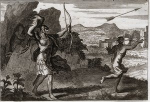 Bijbel van Royaumont, Oude Testament: Jonathan en David. En toen Jonathan de bitterheid van zijn vader zag, waarschuwde Saul hem om zich terug te trekken. Illustratie uit 1811. door Unknown artist