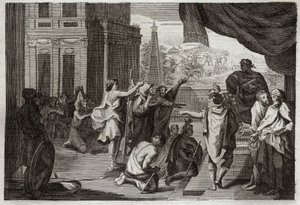 Royaumont Bijbel, Oude Testament: Mozes voor de farao. Mozes vraagt de farao om de Hebreeën de woestijn in te laten gaan om aan de Heer te offeren. Illustratie uit 1811. door Unknown artist