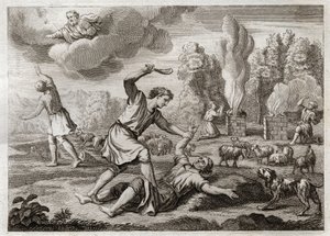 Bijbel van Royaumont, Oude Testament: Moord op Abel. Kaïn draagt zijn broer met afgunst tegen Abel, neemt hem mee naar het platteland alsof hij gaat wandelen, en doodt hem. Illustratie uit 1811.