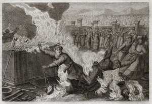 Bijbel van Royaumont, Oude Testament: Nadab en Abiu. Nadab (Nadav) en Abiu (Abihou), de zonen van Aäron, die een vreemd vuur in hun wierookvaten zetten om wierook aan God te offeren, werden in de tabernakel zelf verbrand. Illustratie uit 1811. door Unknown artist
