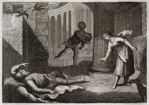 Bijbel van Royaumont, Oude Testament: Oude Tobit verliest zijn zicht. De heilige man Tobit verliest zijn zicht en verdraagt dit kwaad met uiterste geduld. Illustratie uit 1811.
