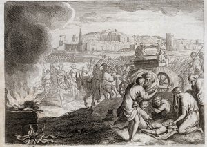 Bijbel van Royaumont, Oude Testament: Oza wordt door God getroffen. David wil de Ark van het Verbond naar huis brengen. Oza sterft omdat hij zijn hand uitstrekt om de ark tegen te houden. Illustratie uit 1811 door Unknown artist