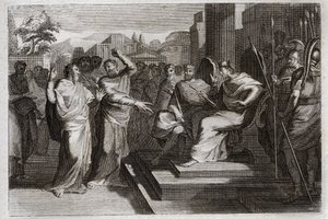 Bijbel van Royaumont, Oude Testament: Vroomheid van Josafat. Josafat, de meest vrome koning van Juda, doet alle prinsen om hem heen beven, en getuigt op verschillende manieren van zijn vroomheid jegens God, die hem over zijn vijanden deed zegevieren. Illus door Unknown artist