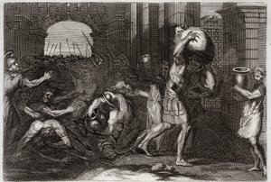 Royaumont Bijbel, Oude Testament: Voorspelling van Elisa. Een heer van Samaria, die de woorden van Elisa verkeerd had begrepen, wordt vertrapt aan zijn voeten. Illustratie uit 1811. door Unknown artist