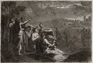 Bijbel van Royaumont, Oude Testament: Voorspellingen over Jeruzalem. God heeft wapens in de lucht op Jeruzalem opgeheven om haar de rampen te bezorgen die haar zouden treffen. Illustratie uit 1811. door Unknown artist