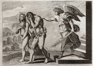 Bijbel van Royaumont, Oude Testament: Straf van Adam. God verdrijft Adam en Eva uit het Paradijs na hun val, en plaatst een cherubijn bij de deur om hun toegang te verdedigen. Illustratie uit 1811.