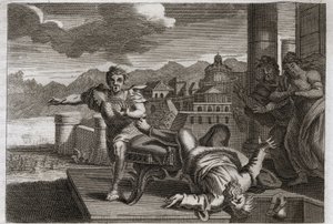Bijbel van Royaumont, Oude Testament: Straf van Heli. God, om de grote priester Heli (Eli) te straffen voor zijn nalatigheid in het opvolgen van de bevelen van zijn kinderen, laat hem van zijn stoel vallen en zijn hoofd breken bij het horen van het nieuws  door Unknown artist