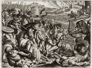 Bijbel van Royaumont, Oude Testament: Straf van de Benjaminieten. De stam van Benjamin wordt uitgeroeid. Illustratie uit 1811. door Unknown artist