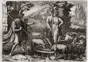 Bijbel van Royaumont, Oude Testament: Rachel en Lea. Jakob dient Laban, zijn oom, om zijn dochter Rachel te trouwen. Illustratie uit 1811. door Unknown artist