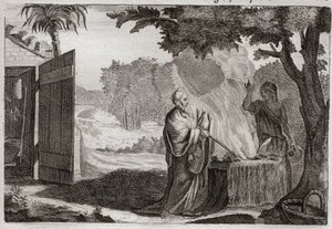 Bijbel van Royaumont, Oude Testament: Offer van Gedeon. Gedeon (Gideon) wordt door God geroepen om de Joden van hun vijanden te bevrijden. Hij brengt een offer op een steen, waaruit een vuur komt dat het verteert. Illustratie uit 1811. door Unknown artist