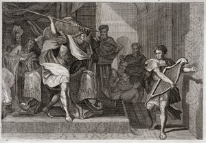 Royaumont Bijbel, Oude Testament: Saul wil David doden. Saul vol woede en jaloezie tegen David, wil hem met zijn speer doorboren terwijl hij voor hem harp speelde. Illustratie uit 1811. door Unknown artist