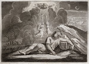 Bijbel van Royaumont, Oude Testament: Ladder van Jakob. Jakob, die vlucht voor de woede van Esau, ziet in zijn slaap een mysterieuze ladder. Illustratie uit 1811.
