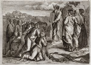 Bijbel van Royaumont, Oude Testament: Tweede Tafelen van de Wet. God geeft Mozes andere tafelen (Tien Geboden), die het volk met respect ontvangt. Illustratie uit 1811. door Unknown artist