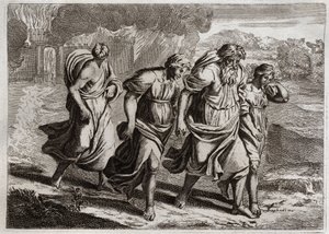 Bijbel van Royaumont, Oude Testament: Sodom verbrand. God irriteert de afschuwelijke misdaden van Sodom, verbrandt het met de andere naburige steden, met een regen van vuur en zwavel die hij uit de hemel verbrandt (Lot, zijn dochters en zijn vrouw vluchten door Unknown artist