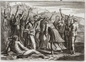Royaumont Bijbel, Oude Testament: Koning Salomo. David stelde Salomo koning aan op de gebeden van Bethsabee en profeet Nathan. Illustratie uit 1811.