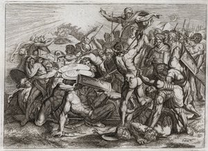Royaumont Bijbel, Oude Testament: Zon stopt. Jozua achtervolgt zijn Amorietische vijanden en laat de zon stoppen, zodat hij meer tijd heeft om hen te verslaan. Illustratie uit 1811. door Unknown artist
