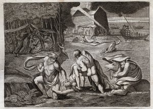 Bijbel van Royaumont, Oude Testament: De Zondvloed. De zondvloed overspoelt de hele aarde. Alleen de Ark redt degenen die erin opgesloten waren van deze ondergang. Illustratie uit 1811. door Unknown artist