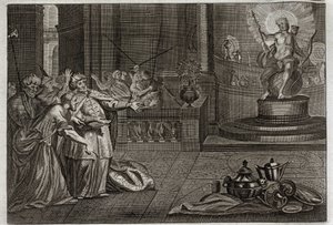 Bijbel van Royaumont, Oude Testament: Het afgodsbeeld van Bel. Daniël vernietigde het afgodsbeeld van Bel en doodde een draak die de Babyloniërs aanbaden. Illustratie uit 1811.