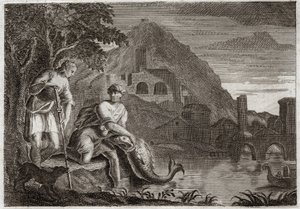 Royaumont Bijbel, Oude Testament: De engel leidt Tobia. Jonge Tobia wordt bang van een vis die hem wilde opeten. Engel Rafaël komt op Gods bevel om hem te begeleiden op een reis die hij moest maken. Illustratie uit 1811.