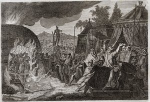 Bijbel van Royaumont, Oude Testament: De drie kinderen van Babylon in de oven. Koning Nebukadnezar II gooit drie jonge Hebreeuwse mannen in een brandende oven, waaruit ze wonderbaarlijk worden bevrijd. Ze heten Ananias, Azarias en Misael (of Sadrach, Mesac door Unknown artist