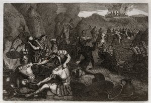 Bijbel van Royaumont, Oude Testament: Dieven van Siceleg. Enkele Amalekieten komen Siceleg plunderen in afwezigheid van David. Hij rent woedend en verslaat hen. Illustratie uit 1811.