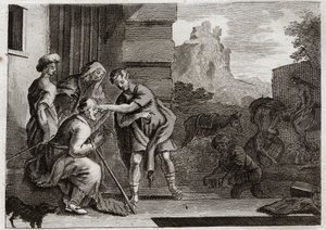 Royaumont Bijbel, Oude Testament: Tobia herstelt het zicht. Jonge Tobia geeft zijn vader het zicht terug door de gal van de vis die hij ving op advies van aartsengel Rafaël over zijn ogen te wrijven. De engel maakt zich aan hen bekend en verdwijnt dan. Ill door Unknown artist