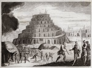 Bijbel van Royaumont, Oude Testament: Toren van Babel. Mannen willen uit ijdelheid een toren naar de hemel bouwen. God verhindert dit werk door hun tongen te verwarren zodat ze elkaar niet meer kunnen verstaan. Illustratie uit 1811. door Unknown artist