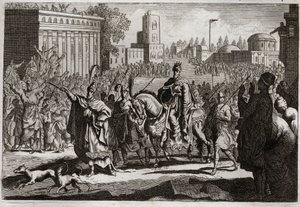Bijbel van Royaumont, Oude Testament: Triomf van Mardochee. Aman (Haman) wordt door de koning gedwongen om de triomf van Mardochee (of Mordekhai of Mordecai) zijn vijand door de stad Susan (beter bekend als Susa) te verkondigen. Illustratie uit 1811. door Unknown artist