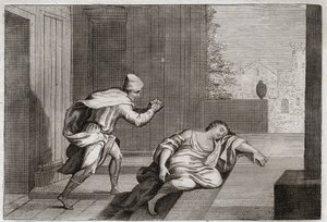 Bijbel van Royaumont, Oude Testament: Vrouw van de mishandelde Leviet. De vrouw van de Leviet werd dood gevonden bij de deur nadat ze door schurken was misbruikt. Illustratie uit 1811. door Unknown artist