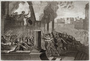 Bijbel van Royaumont, Oude Testament: Zambri verbrandt zichzelf en zijn familie in zijn paleis. Illustratie uit 1811. door Unknown artist