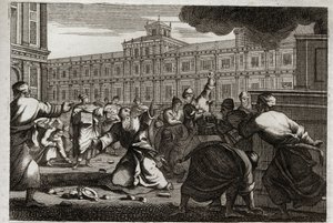 Bijbel van Royaumont, Oude Testament: Zacharia gestenigd. Zacharia, de hogepriester, wordt gestenigd op bevel van Joas (Jehoash), koning van Juda, omdat hij zijn bevelen niet opvolgde. Illustratie uit 1811.