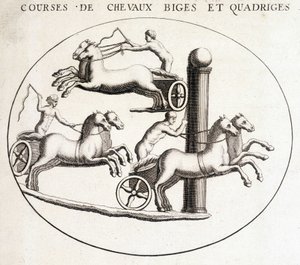 Biges en quadriges paardenraces. 19e-eeuwse gravure door Unknown artist