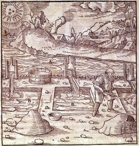 Bitumenwinning. Georg Bauer "Agricola De Re metallica" boek uit de 15e eeuw. Bibl. van het Wetenschapsmuseum, Milaan.