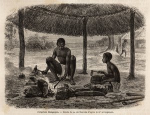 Smeden van de Manganja (etnische groep uit de Zambezi-regio). Gravure ter illustratie van Dr. Livingstone