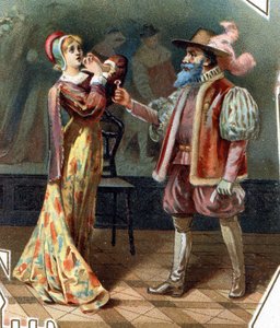 Blauwbaard. Sprookje van Charles Perrault. 1697. Chromolithografie van het einde van de 19e eeuw. Sticker “Bij de goedkope”. “Blauwbaard ondervraagt zijn vrouw die probeerde de kast binnen te gaan waar Blauwbaards vrouwen werden vermoord.” door Unknown artist