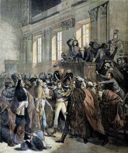 Bonaparte bij de staatsgreep van 18 Brumaire in de Kamer van de Raad van Vijfhonderd (Cinq Cents) (salle des 500) van Saint Cloud - in 