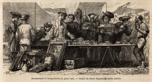 Boekverkopers en brocanteurs in de wind, nabij Montanara-plein, onder een opgezette tent, amateurs en geestelijken strijden om een rommelmarkt van antiek, sommigen lezen daar, anderen onderhandelen met gebaren. Gravure ter illustratie van de reis naar Rome