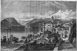 Borromees-eilanden van het Lago Maggiore (Lago maggiore in Lombardia) in Italië: Uitzicht op Isola Bella (Ila-Bella). Gravure in 